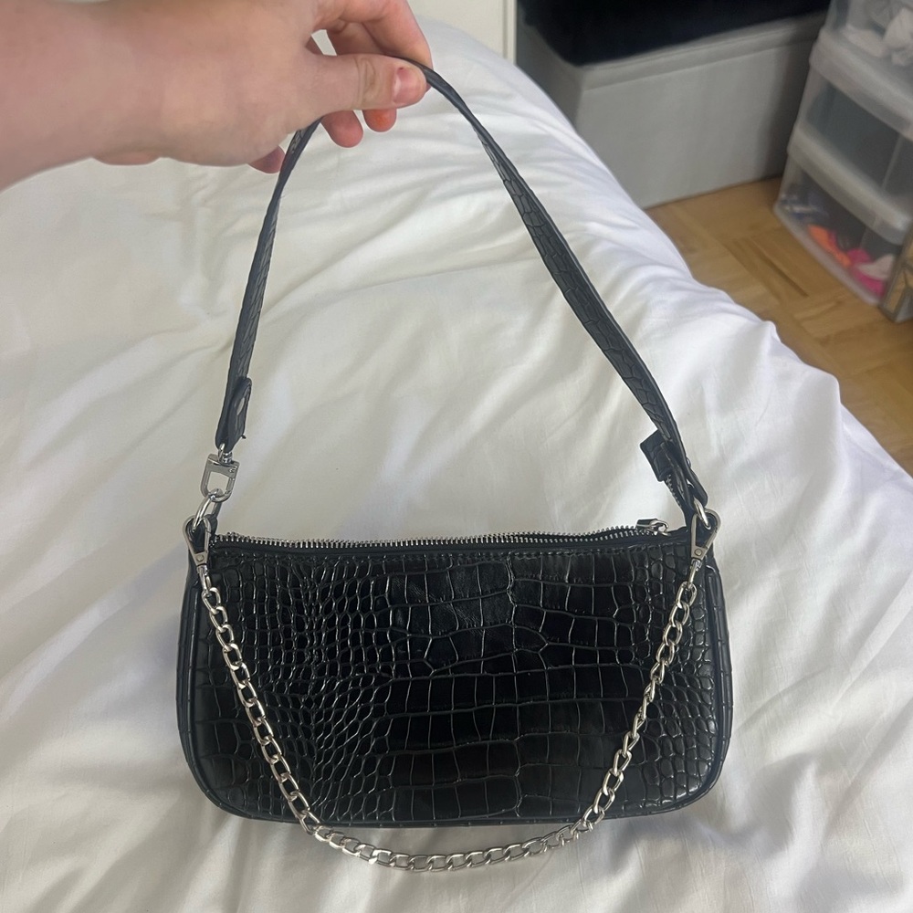 Black leather crocodile shoulder bag